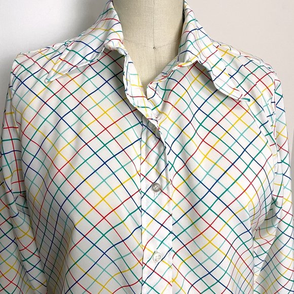 1970s Lucky Winner rainbow plaid blouse - size medium - large - Picture 2 of 8